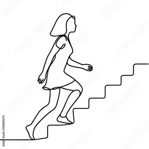 Woman walking upstairs in one line drawing