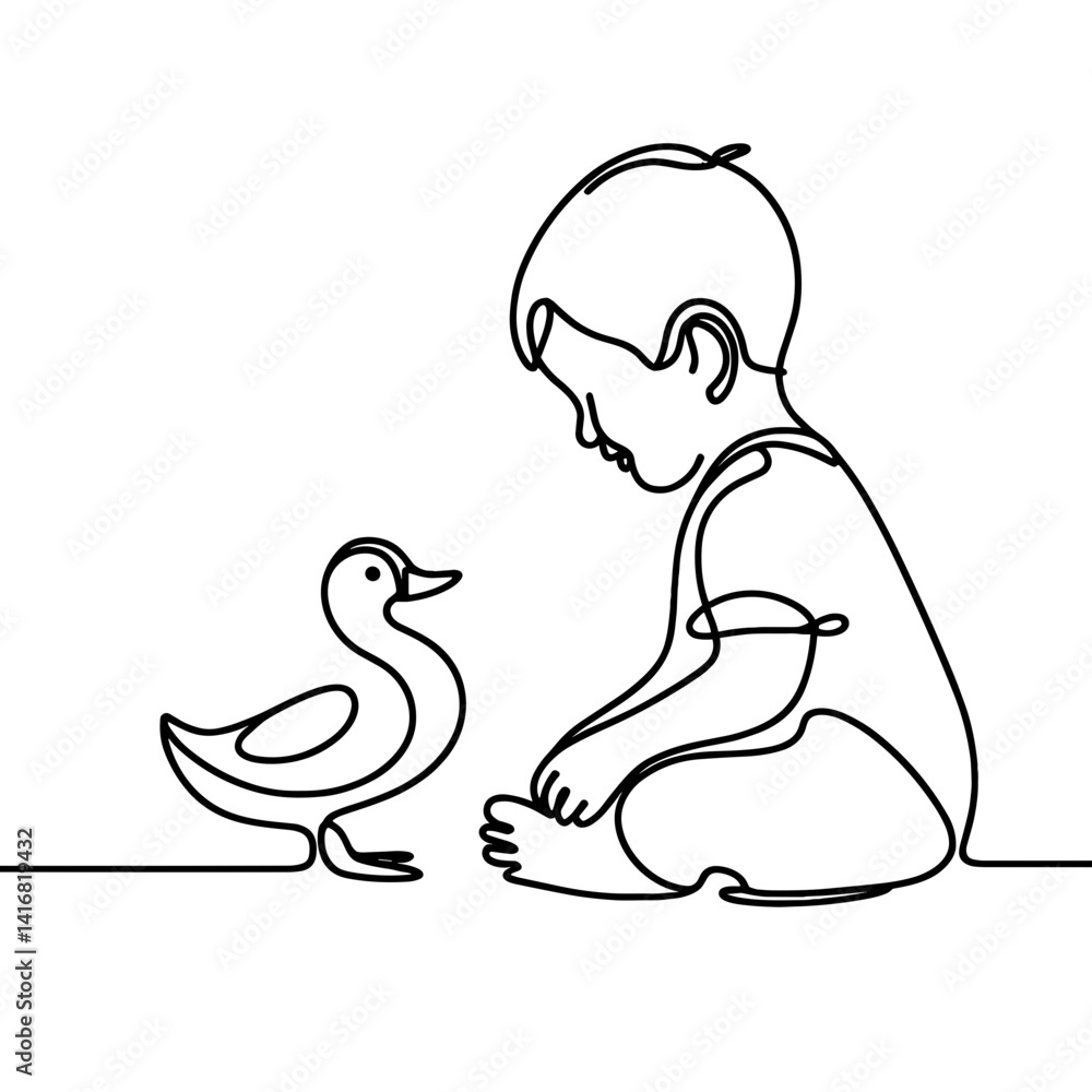 Baby sitting with duck in minimalist style Baby sitting with duck in minimalist style