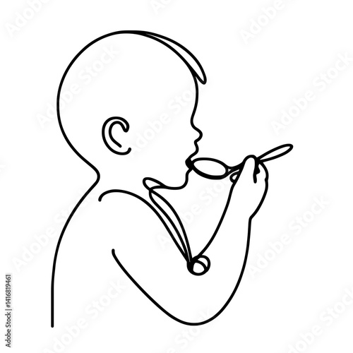 Baby eating with spoon in line drawing