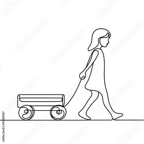 Girl pulling wagon in minimalist one line style