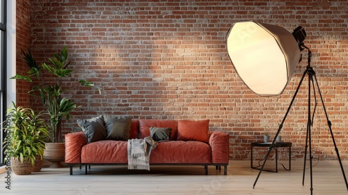 Professional photo studio setup with sofa and lighting gear