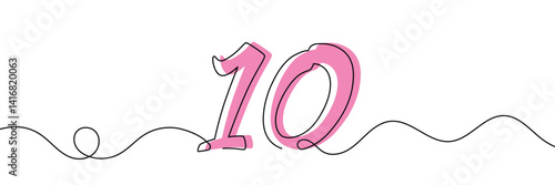 Number 10 in continuous line drawing style. Line art of number nine. Vector illustration. Abstract drawing number 10
