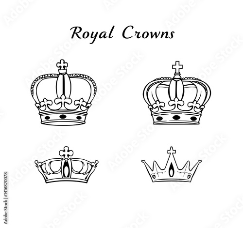 Royal Crowns: A regal line art illustration depicts four distinct crown designs, showcasing intricate details and varying styles of royal headwear.