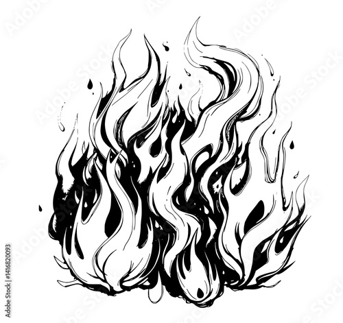 Fiery Inferno: A dramatic ink illustration depicts a swirling mass of flames, rendered in stark black and white, capturing the intensity and energy of a raging fire.