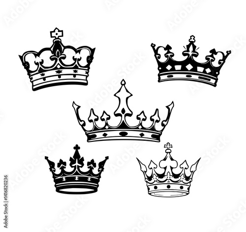 Royal Crowns: A regal monochrome illustration depicts four distinct crown designs, showcasing intricate details and symbolic majesty.