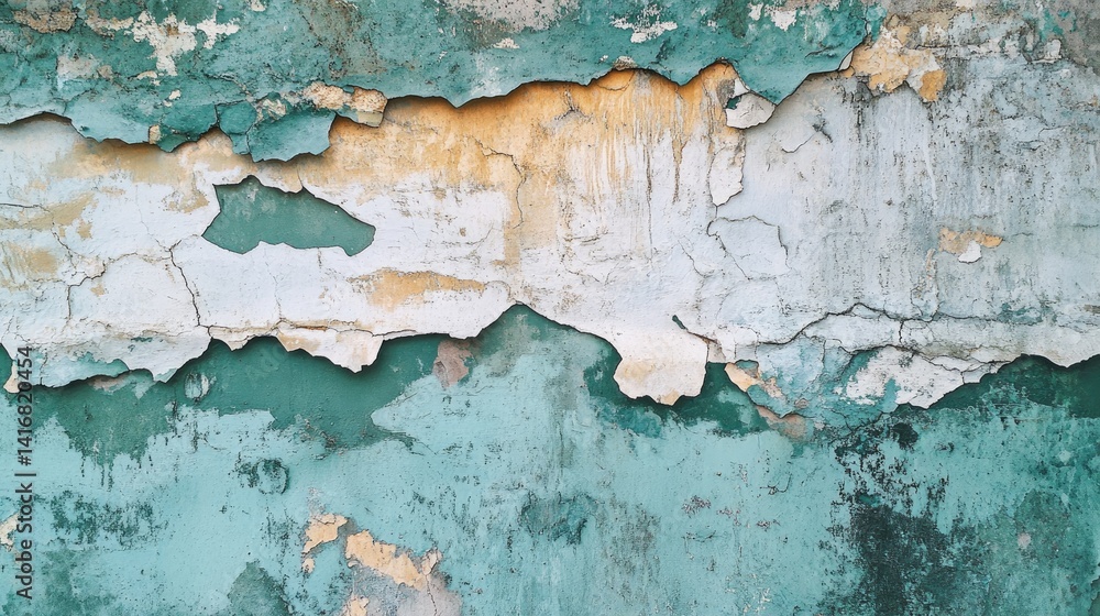 Obraz premium Fragmented aquamarine wall with distressed paint, texture and decay