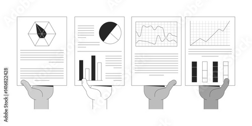 Diverse hands holding business reports paperwork line illustration concept. Analytics pages. Infographics corporate handouts outline 2D composition isolated. Ink linear metaphor vector art