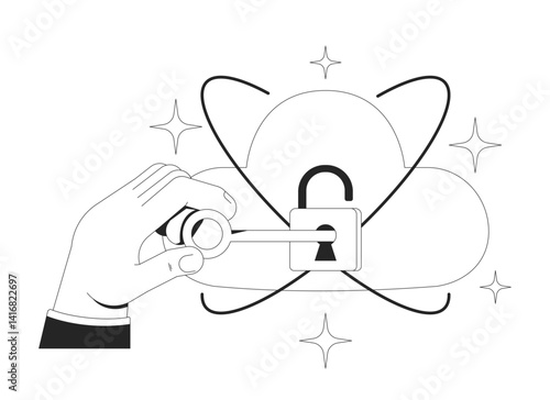 Keeping data safe on cloud encryption line illustration concept. Access management, cybersecurity. SaaS security. Locking with key outline 2D composition isolated. Ink linear metaphor vector art