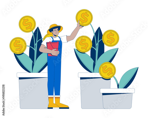 Growing money plants 2D illustration concept. Investment growth. Savings cultivation. Prosperity. Farmer investor nurturing finances cartoon character isolated on white. Flat abstract vector metaphor