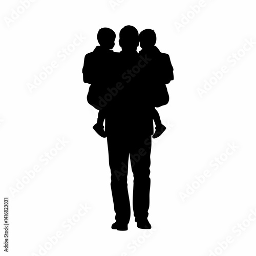 vector illustration of the silhouette of a father carrying his two children home from school