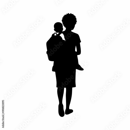 vector illustration of a silhouette of a mother carrying her child home from school