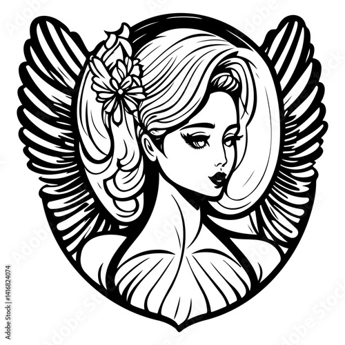 Winged Beauty: Engraved Portrait with Floral Accent