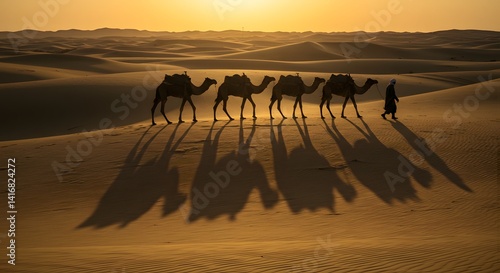 Silhouette of Camels and a Man Walking Through Desert at Sunset
