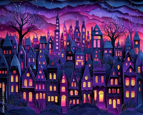 Papercut Town Dusk Warm Cozy Community