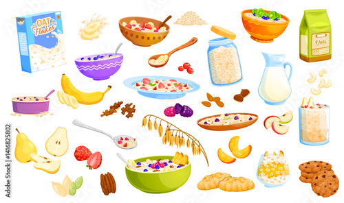 Cartoon oatmeal food. Vector set of oatmeal dishes, fresh ingredients, fruits, nuts, and dairy. Bowls of porridge, oat flakes, smoothies and cookies for promoting healthy breakfast and vegan foods