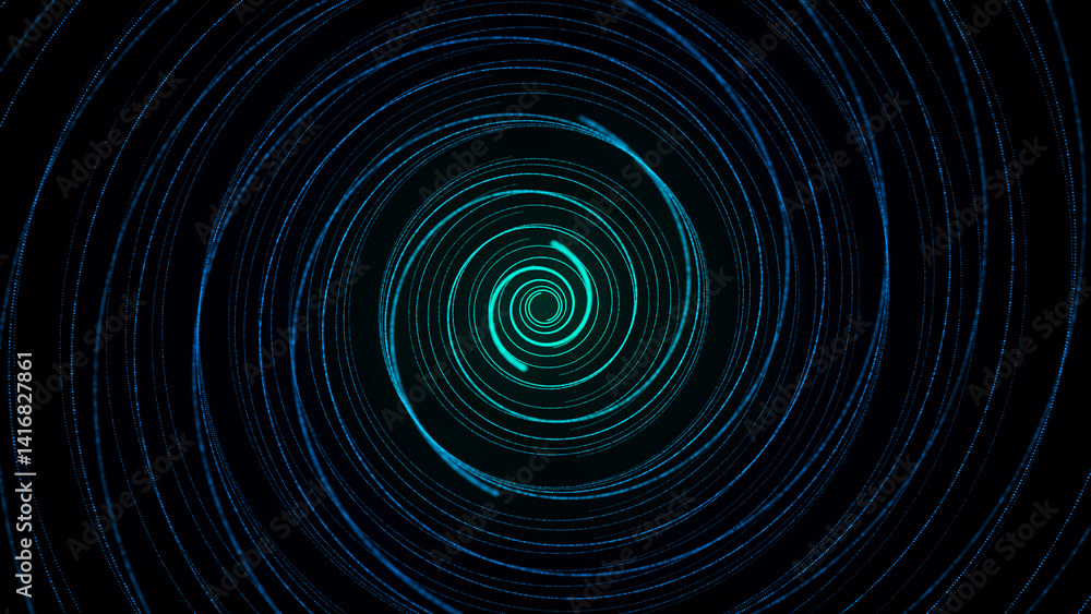 Abstract twisted circle speed tunnel with blue light on black background. Science background with dots and lines moving in a spiral. Wormhole technology. Digital structure with particles. 3d rendering Abstract twisted circle speed tunnel with blue light on black background. Science background with dots and lines moving in a spiral. Wormhole technology. Digital structure with particles. 3d rendering