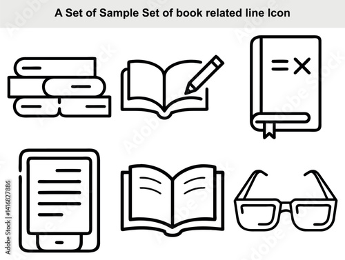 Book Stack, Open Book with Pencil, eBook Reader, Glasses Line Icons in Transparent Background