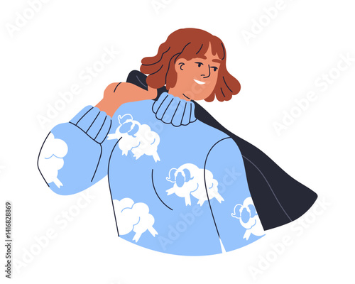 Smiling young woman in cozy sweater, outfit with sheep pattern. Happy modern ...