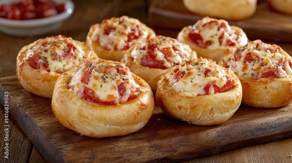 Savory bread rolls, tomato, mozzarella, & herb toppings, displayed on wood Savory bread rolls, tomato, mozzarella, & herb toppings, displayed on wood
