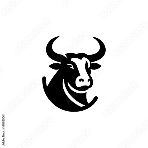 Black Bull Icon: A bold and powerful black bull icon with a fierce expression, encircled by a circular line. This vector illustration symbolizes strength, determination, and resilience.
