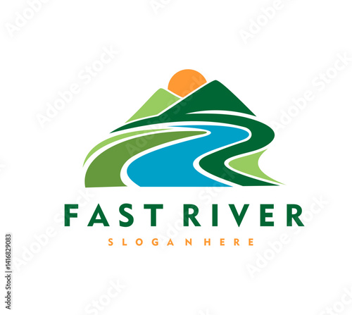 Mountain river icon with road path and sun over landscape for company emblem, vector badge. Blue river water on green valley with mountains field, icon for travel tourism, farming or corporate brand