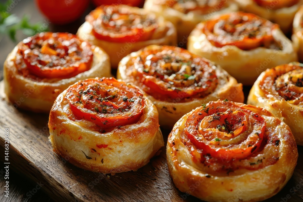 Tomato swirls. Golden pastry with tomato topping on wooden board Tomato swirls. Golden pastry with tomato topping on wooden board