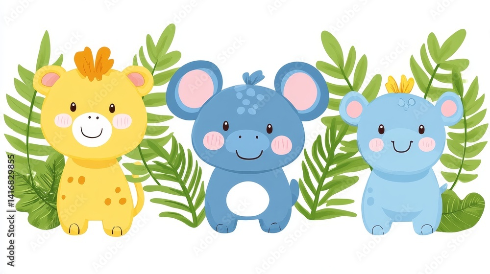 Naklejka premium Animated jungle friends illustration showcasing adorable characters in a leafy setting perfect for childrens book covers or wall art design with vector elements