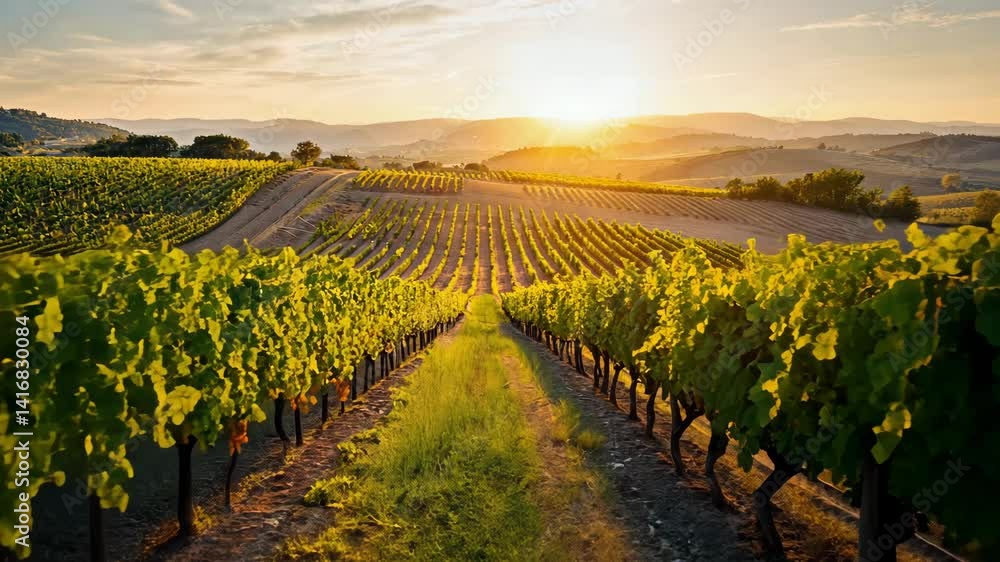 vineyard in the morning. Grape field at sunset vineyard in the morning. Grape field at sunset