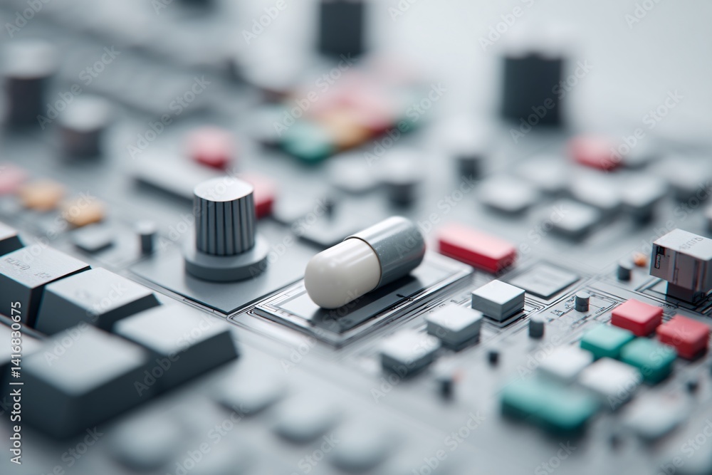 Clinical trial phases visualized through digital models, medication samples in focus, laboratory setting Clinical trial phases visualized through digital models, medication samples in focus, laboratory setting