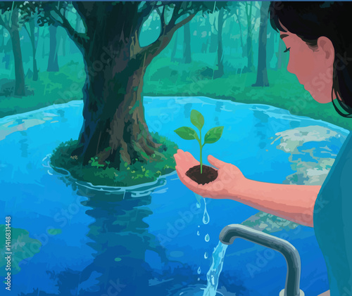 illustration Big rain tree planting in the forest in the world blue aqua in the hands of man woman Water droplets flowing water day
