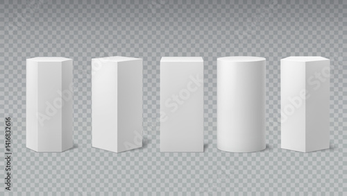 White column pedestals and podium stage pillars for product display showcase, vector realistic 3D. White podium or pedestal platforms of square cube, round column and polygon shape stages isolated set