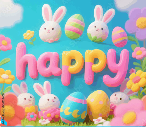 Abstract illustration of easter day writing bunny eggs colorful flowers 3d
