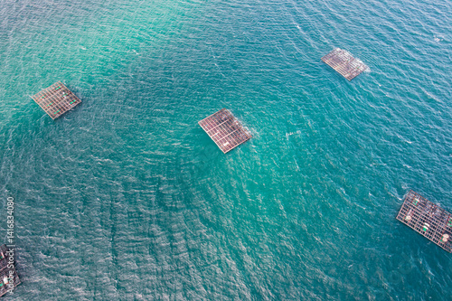 Top down view of floating platforms for shellfish farming in the ocean
