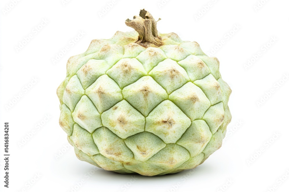 Fototapeta premium A green, bumpy fruit with a pointed top sits on a white background