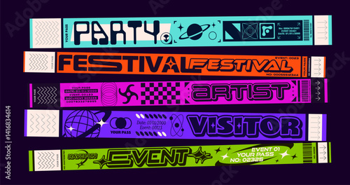 Festival ticket, 2k event party bracelet pass. Realistic 3d vector set of retro modern wristbands for festivals, live music concert and vip event access in nightclubs and entertainment venues