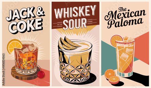 Cocktails retro poster set. Whiskey Sour, Mexican Paloma, Jack and Coke. Collection of popular alcohol drinks. Vintage style vector illustrations, bar, pub, restaurant, kitchen wall art print