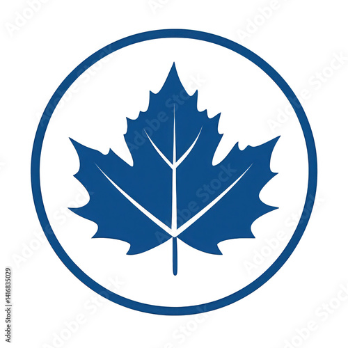A blue maple leaf emblem enclosed in a circular design, symbolizing nature and tranquility, ideal for environmental themes or branding , isolated on white or transparent png