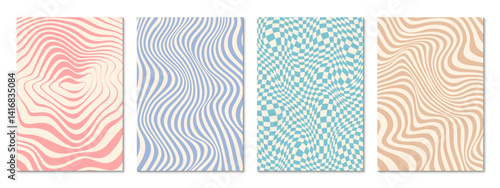 Retro psychedelic groovy pattern background. Vector set of backdrops with wavy and warped textures. Fluid optical illusions and distorted checkers in pastel pink, blue, beige tones with vintage vibe