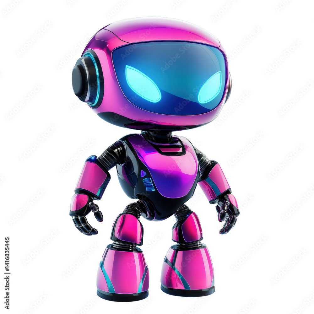 Robot of Future: This 3D-rendered robot, a blend of magenta and violet hues, stands as a futuristic emblem of technological advancement, with glowing blue eyes, inviting to interact. Robot of Future: This 3D-rendered robot, a blend of magenta and violet hues, stands as a futuristic emblem of technological advancement, with glowing blue eyes, inviting to interact.