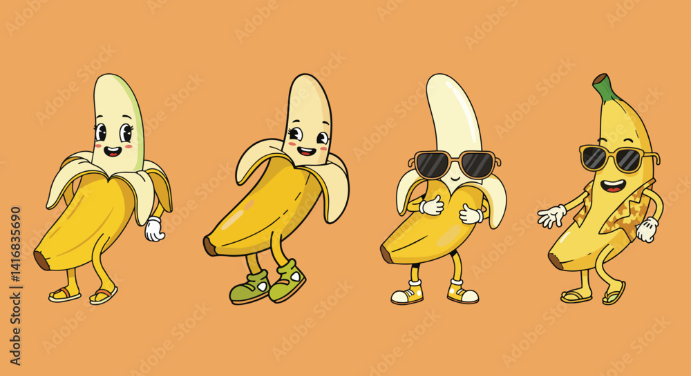 Set of Four Cute Cartoon Banana Characters. Playful Retro Groovy Vintage Fruit Mascots Vector
Set of Four Cute Cartoon Banana Characters. Playful Retro Groovy Vintage Fruit Mascots Vector