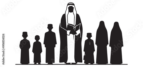 Large Silhouette Muslim Family Reading Book Islamic Education Illustration