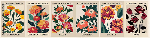 Set of abstract Flower Market posters. Trendy botanical wall arts with floral design in retro 70s colors. Modern naive groovy funky interior decorations, paintings. Vector art illustration