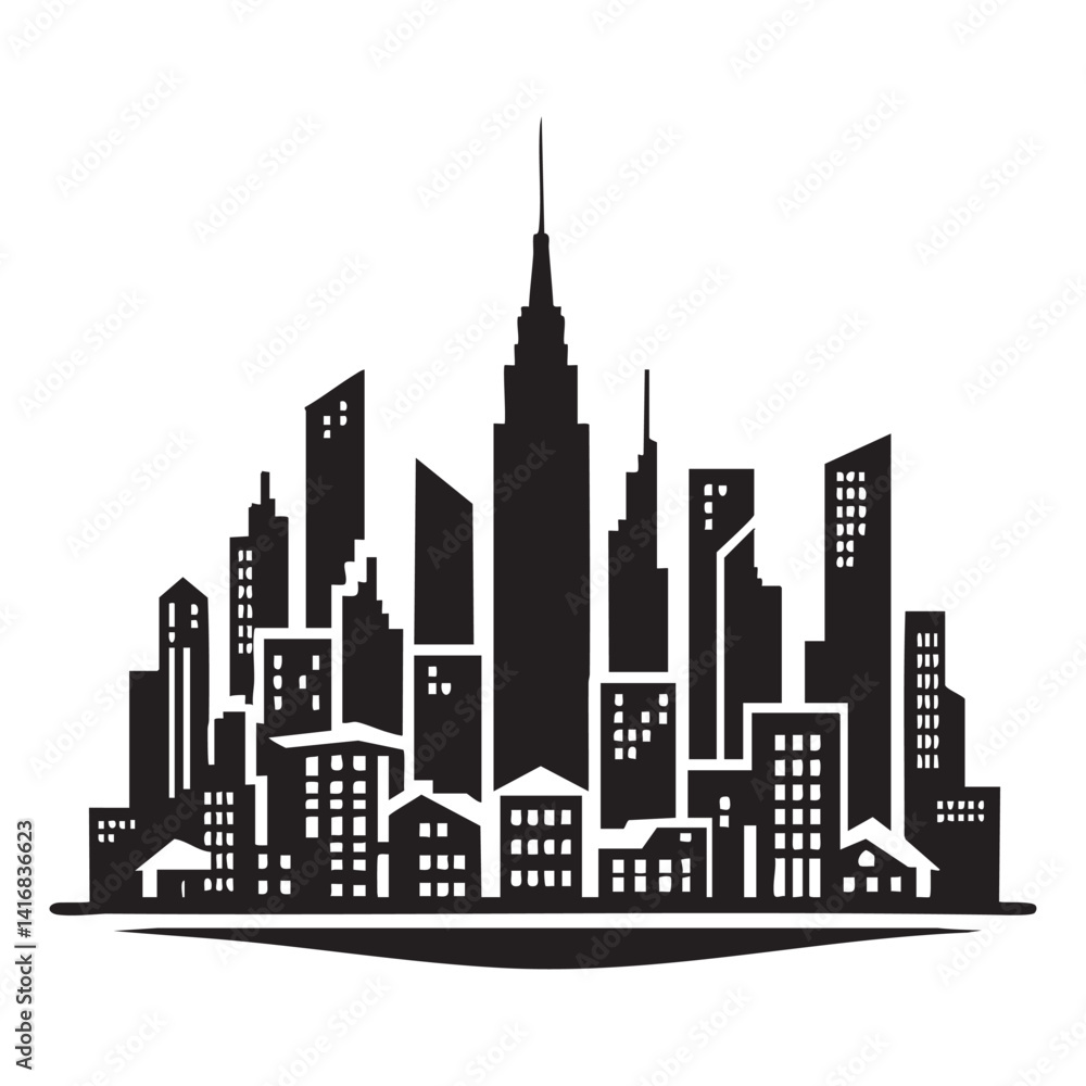 Obraz premium Detailed Urban Cityscape Silhouette Skyline Illustration Vector Graphic