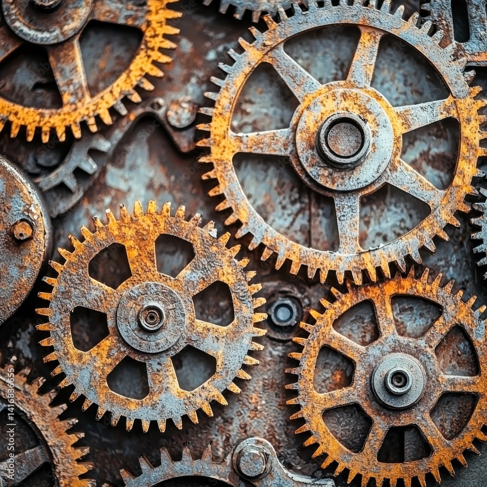 Rusty gears, intricate design, interlocking machinery, metallic texture, aged details, mechanical elements Rusty gears, intricate design, interlocking machinery, metallic texture, aged details, mechanical elements