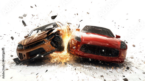 High-Speed Car Crash Collision Between Red and Yellow Sports Cars with Explosive Impact and Debris – Isolated on White Background