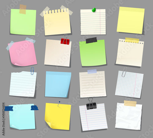 Note sticker paper, notice memo post with tape, reminder message. Notepad memory notice sticky sheets. Realistic 3d vector set of blanks, notepaper, office meeting information board or schedule