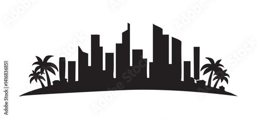 Coastal Cityscape Silhouette Vector Art with Palm Trees