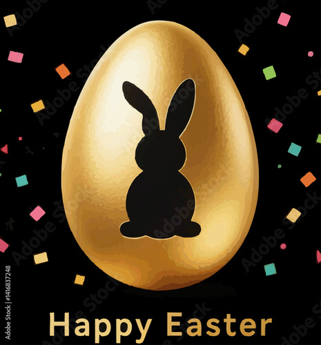 Abstract illustration of golden rabbit egg easter day inscription