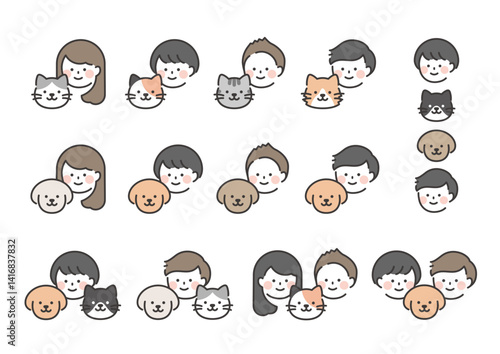 人物と犬猫　動物アイコンセット