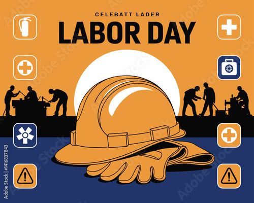 2d vector colorful poster for labor day , work industry equipment , worker , safety .
